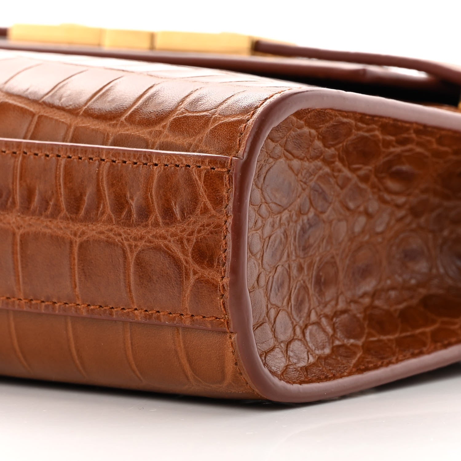 Saint Laurent Shiny Calfskin Crocodile Embossed Small Manhattan Baguette Dark Caramel 10 of 13