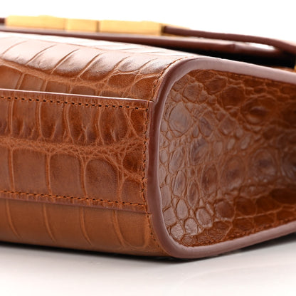 Saint Laurent Shiny Calfskin Crocodile Embossed Small Manhattan Baguette Dark Caramel 10 of 13
