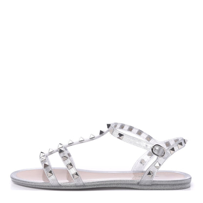 Valentino Garavani PVC Jelly Glitter Rockstud Caged Sandals 38 SIlver 1 of 8