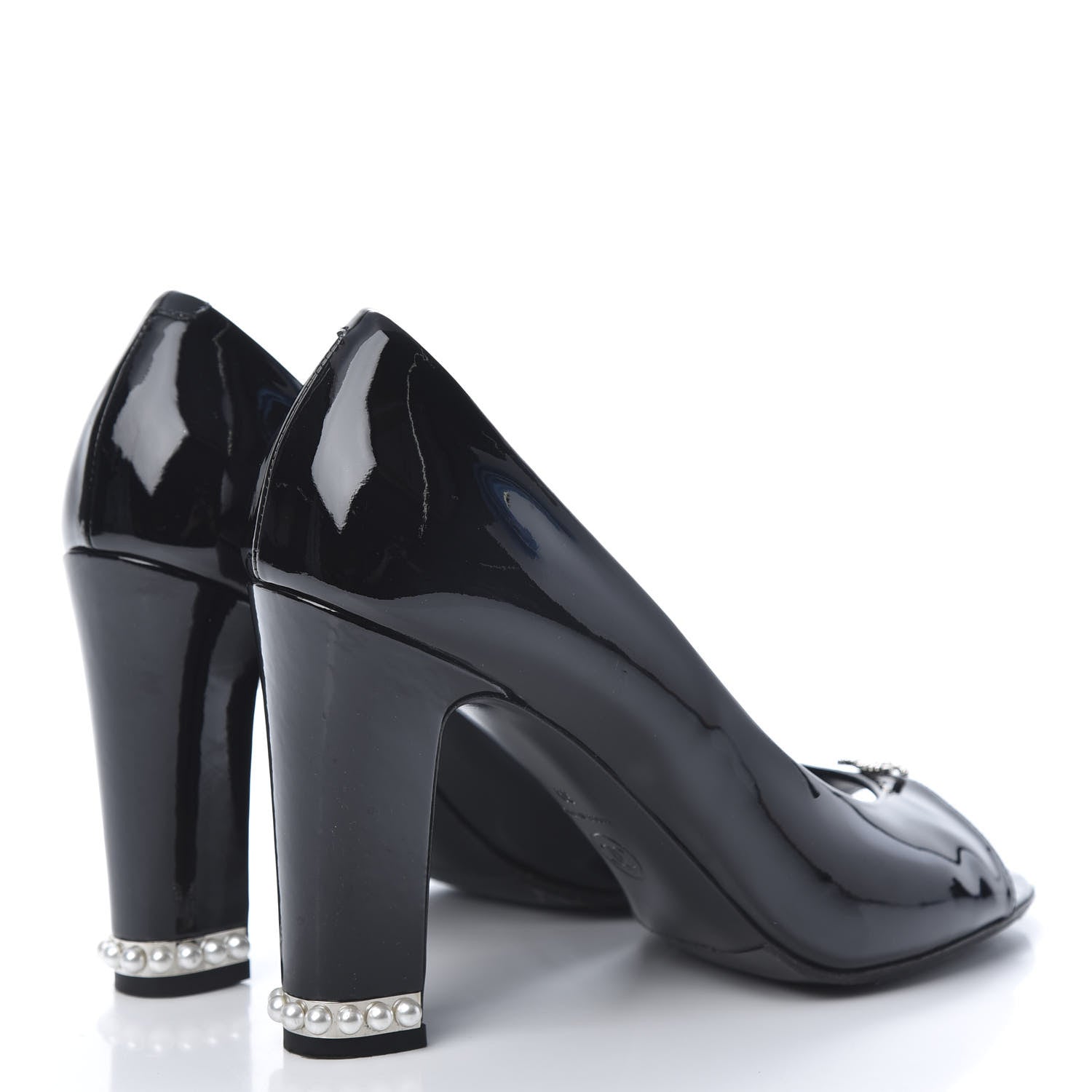 Chanel Patent Calfskin Pearl CC Open Toe Pumps 39 Black 4 of 9