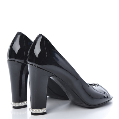 Chanel Patent Calfskin Pearl CC Open Toe Pumps 39 Black 4 of 9