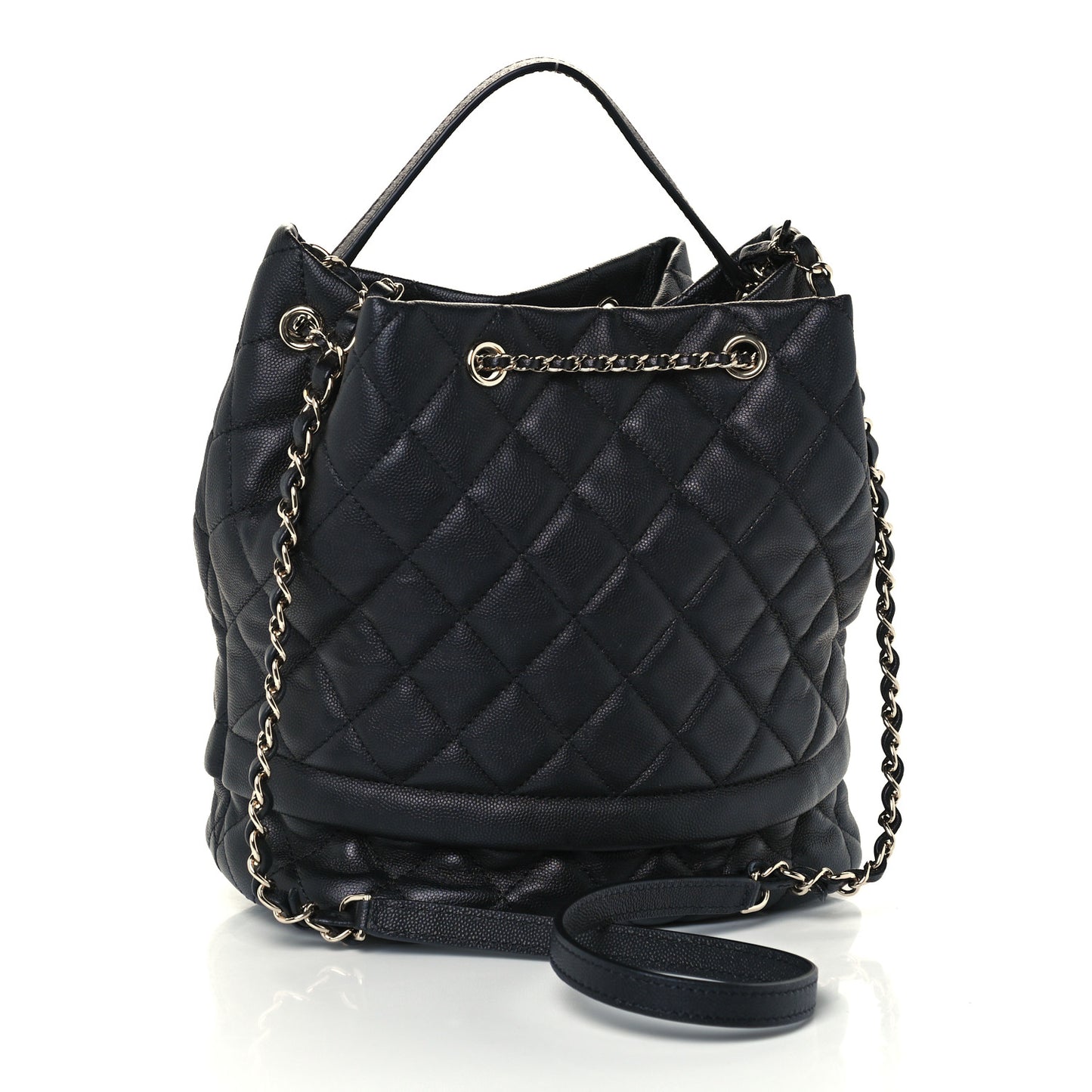 Caviar Quilted Large Rolled Up Bucket Drawstring Bag Black