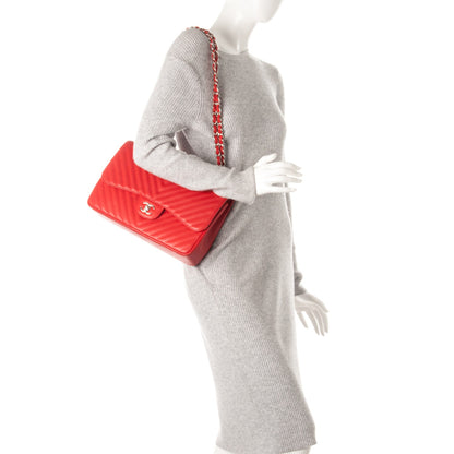 Chanel Caviar Chevron Quilted Jumbo Double Flap Red 2 of 8