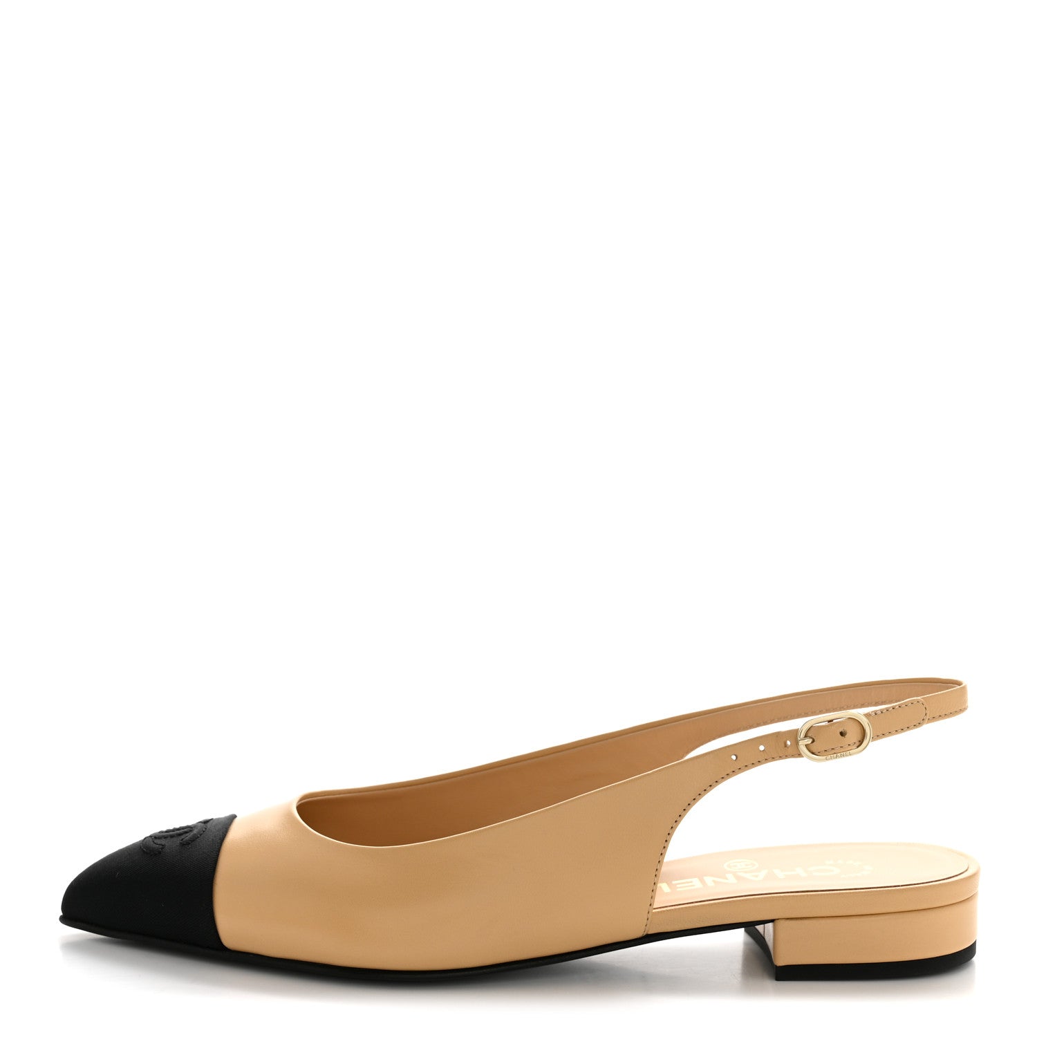 CHANEL オックスフォードシューズ ベージュ・黒 Chanel Goatskin Grosgrain Pointed Toe CC Slingback Flats 37.5