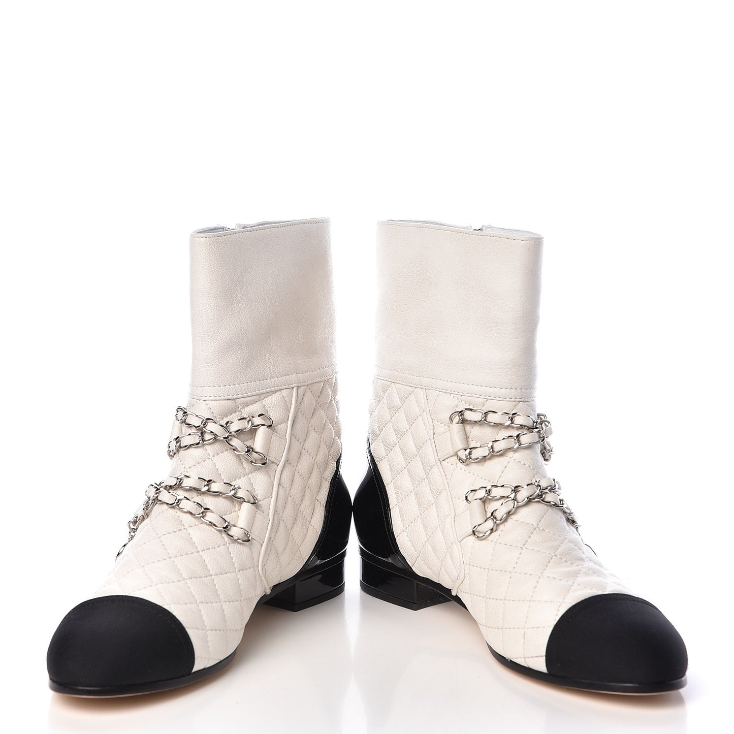 Lambskin Grosgrain Quilted Cap Toe Chain Boots 37.5 White Black