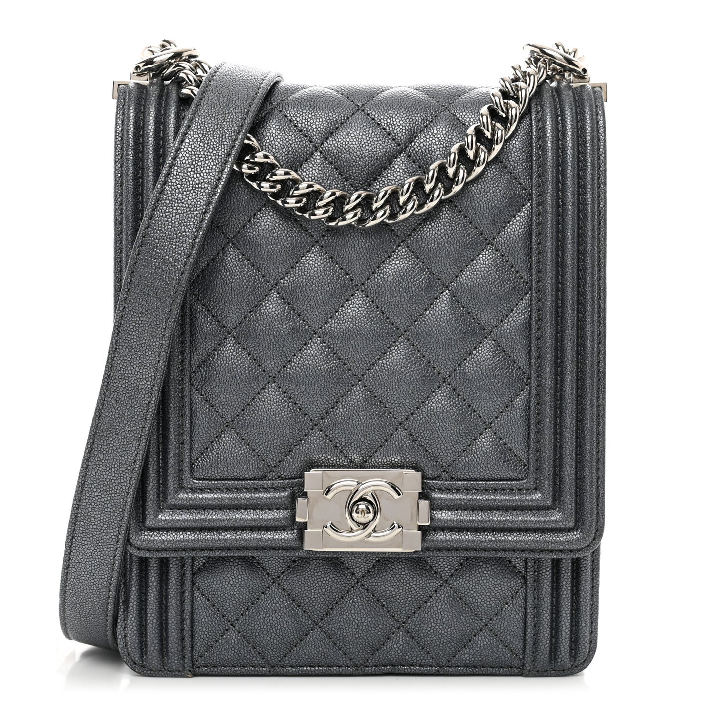 Iridescent Caviar Quilted North South Boy Flap Grey