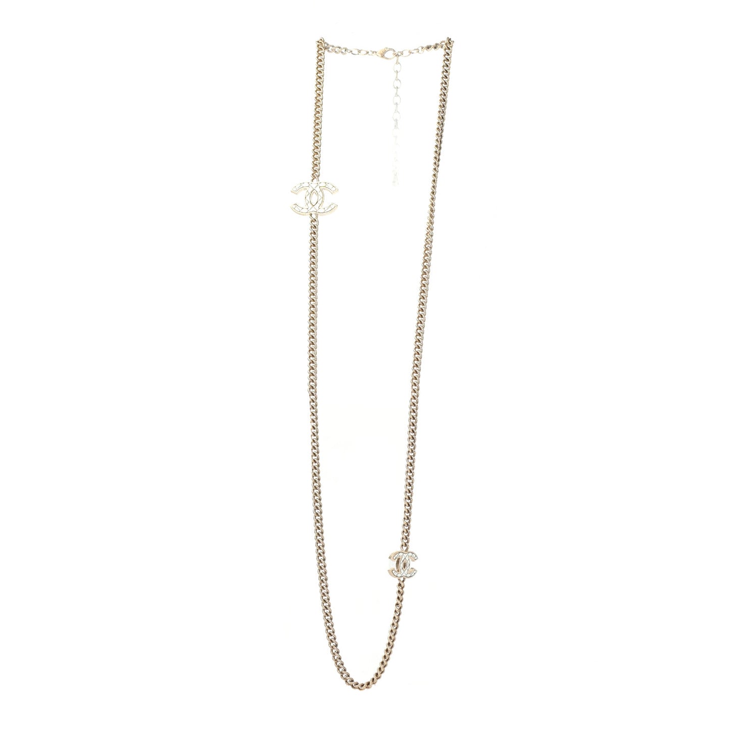 Quilted CC Long Chain Necklace Gold Pearly White
