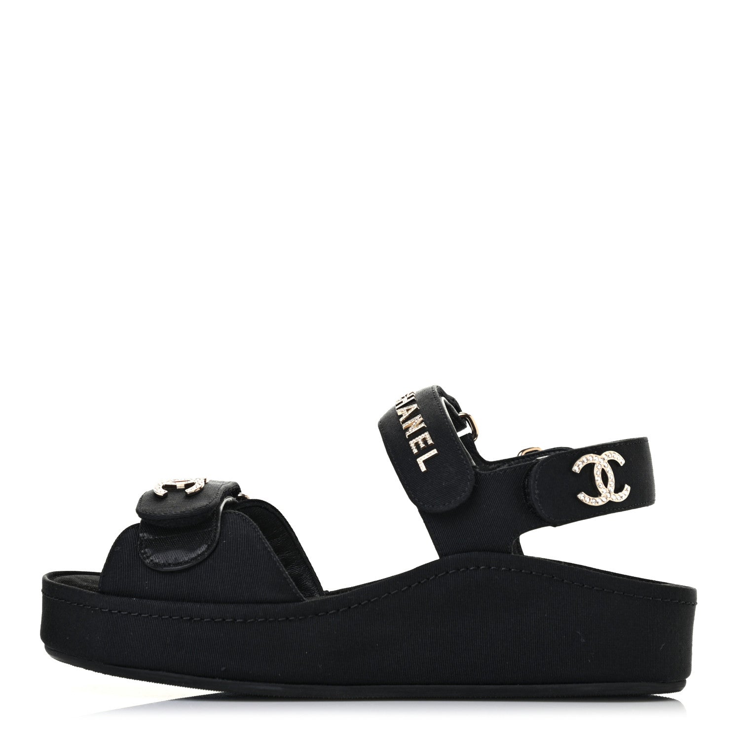 Chanel Grosgrain Crystal Logo Platform Sandals 35 Black 1 of 6