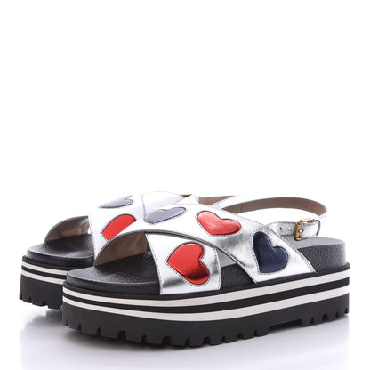 Gucci Metallic Nappa Silk Sunrise Heart Crossover Platform Lug Sole Sandals 38.5 Argento 3 of 8
