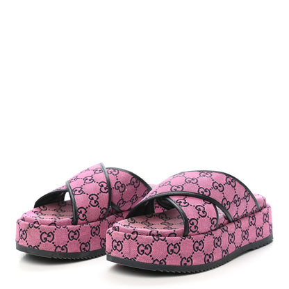 Gucci Monogram Multicolor Criss Cross Platform Slide Sandals 39 Pink Blue 3 of 9