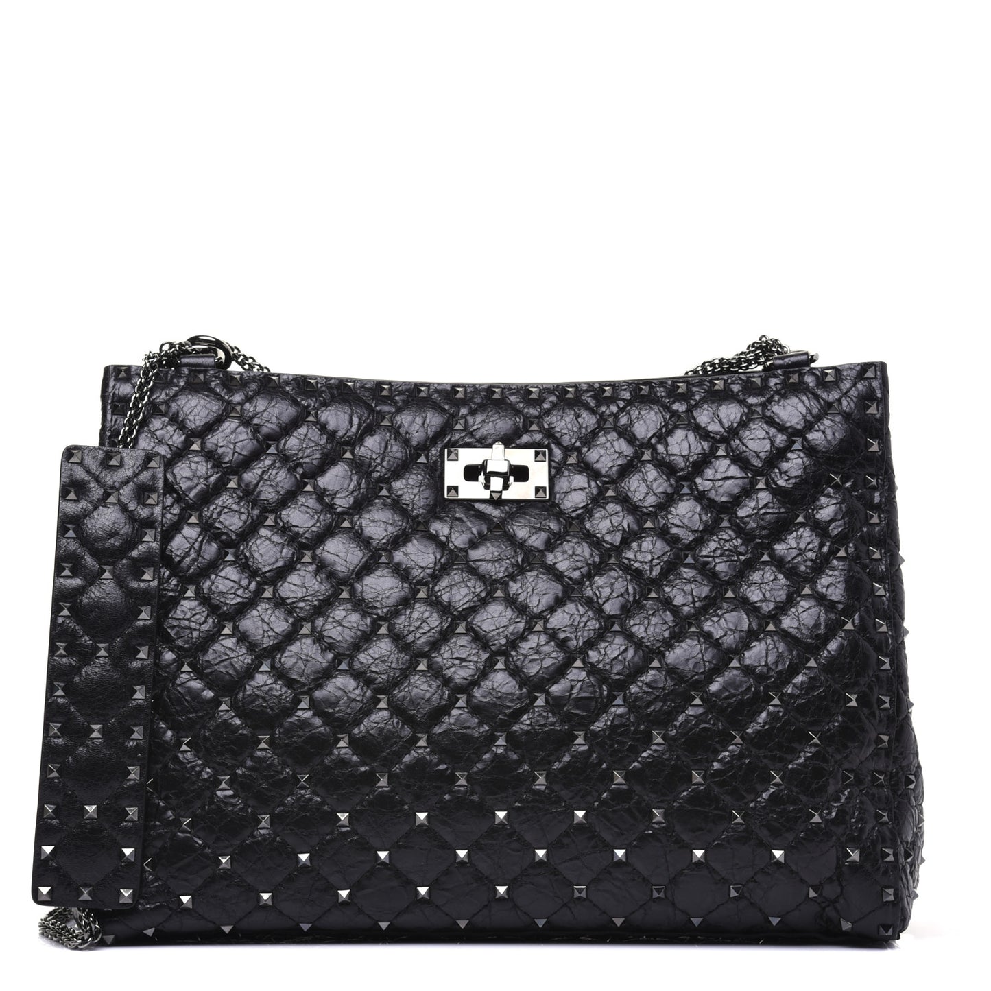 Craquele Nappa Rockstud Spike Shoulder Tote Black