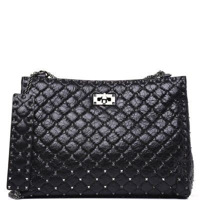 Valentino Garavani Craquele Nappa Rockstud Spike Shoulder Tote Black 1 of 14