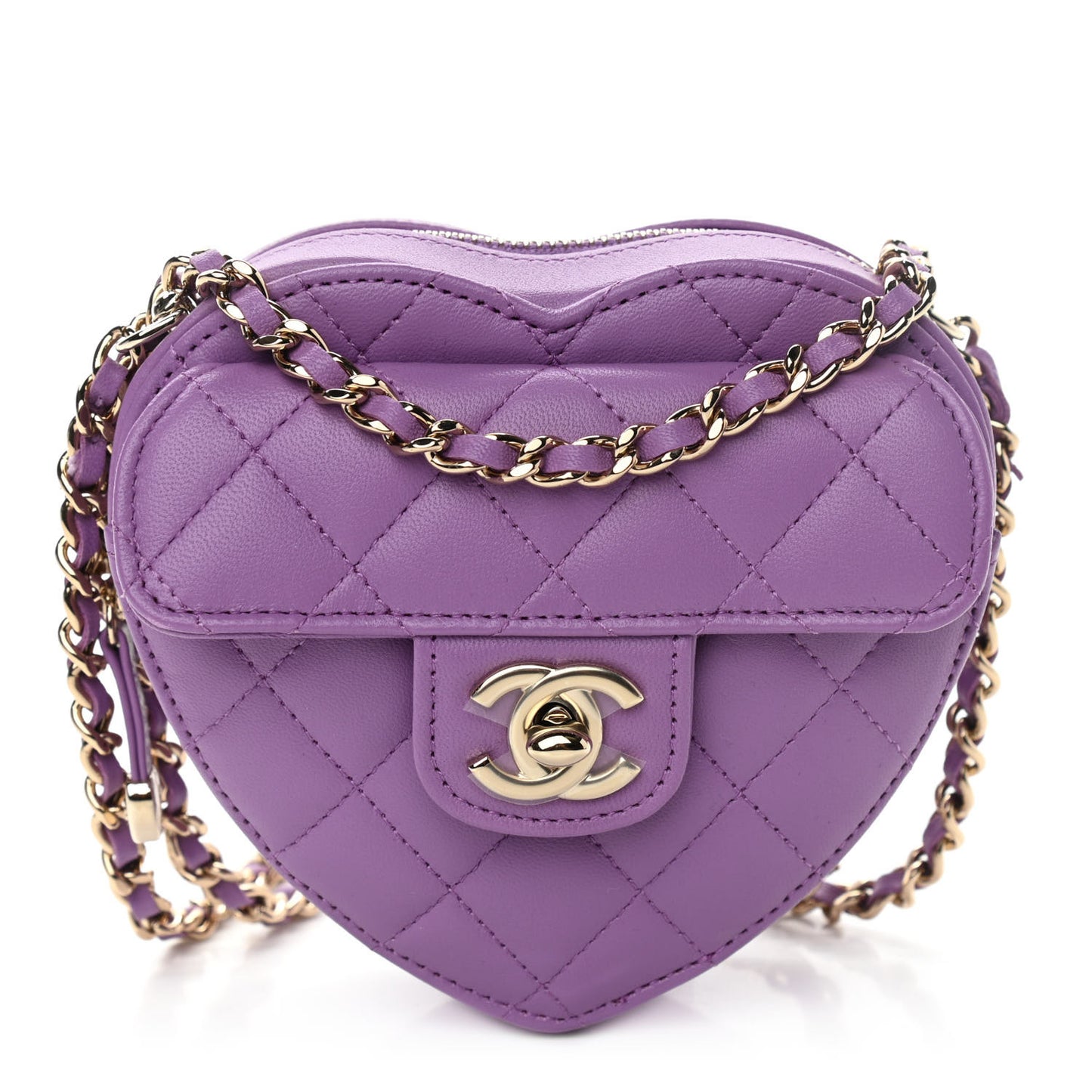 Lambskin Quilted CC In Love Heart Clutch With Chain Purple