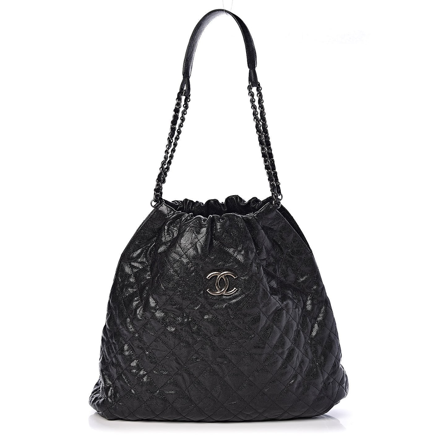 Distressed Glazed Caviar Quilted Large Elastic Tote Black