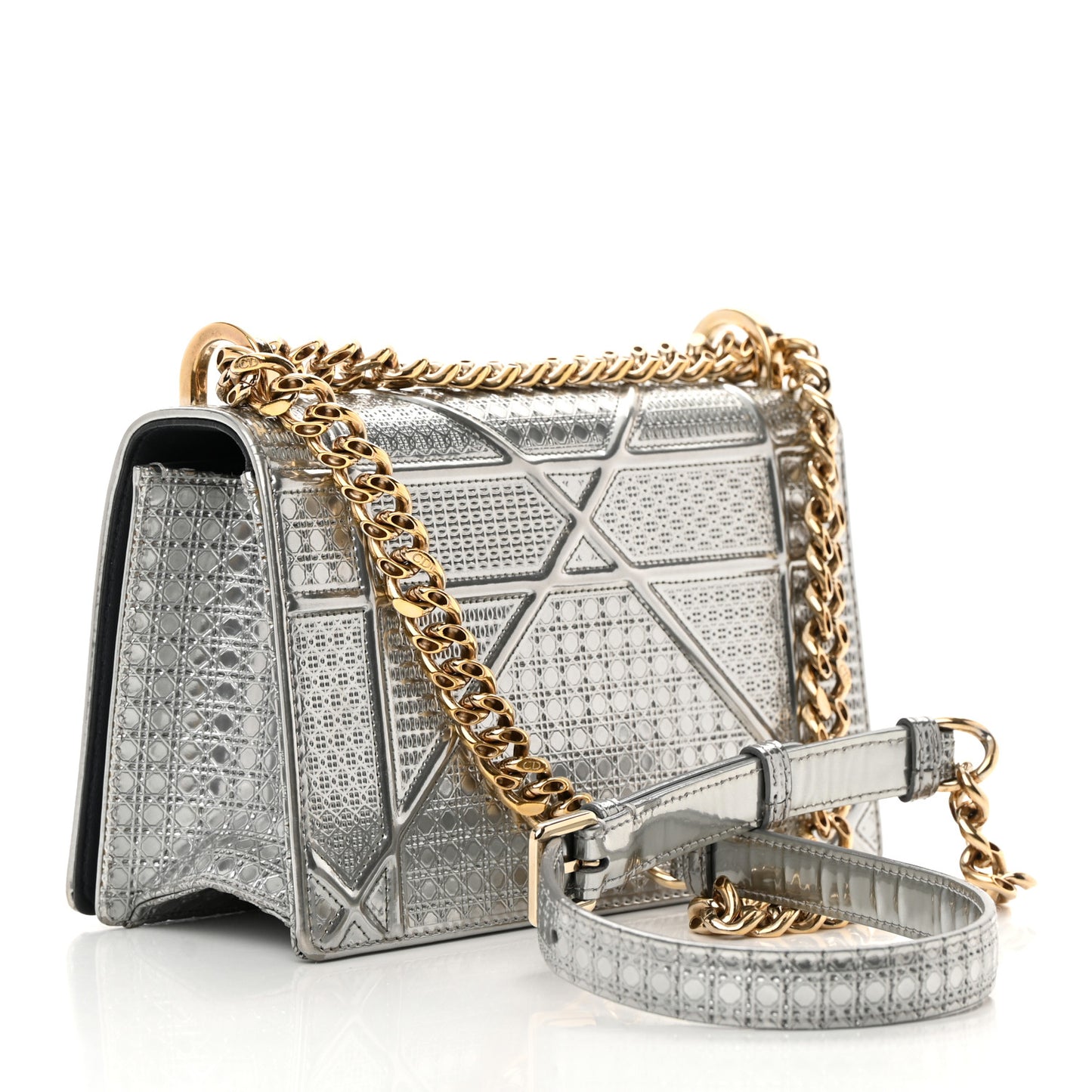 Metallic Patent Micro-Cannage Small Diorama Flap Bag Silver