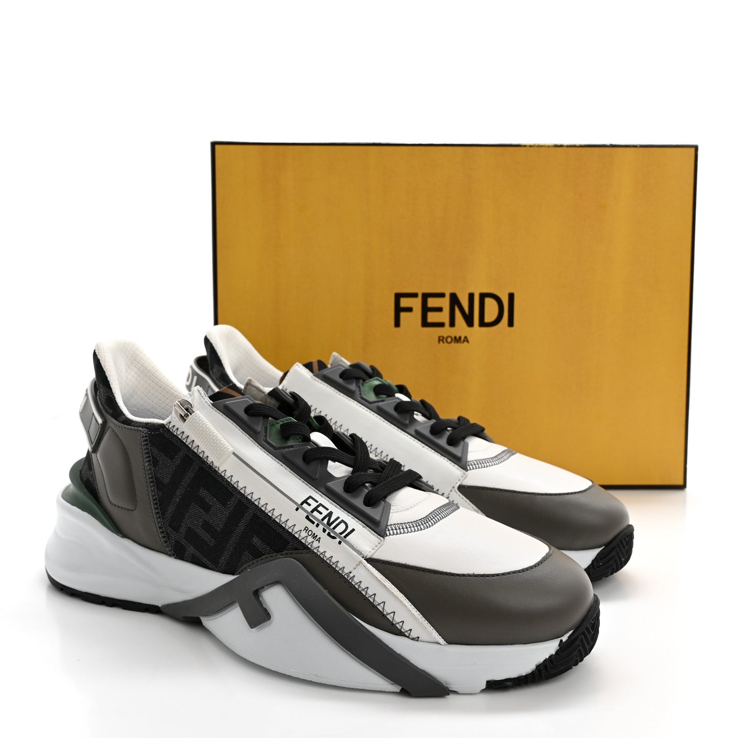 Vitello Fabric Jacquard FF Mens Fendi Flow Low Top Sneakers 9 Ultra White Grigio Black Argilla