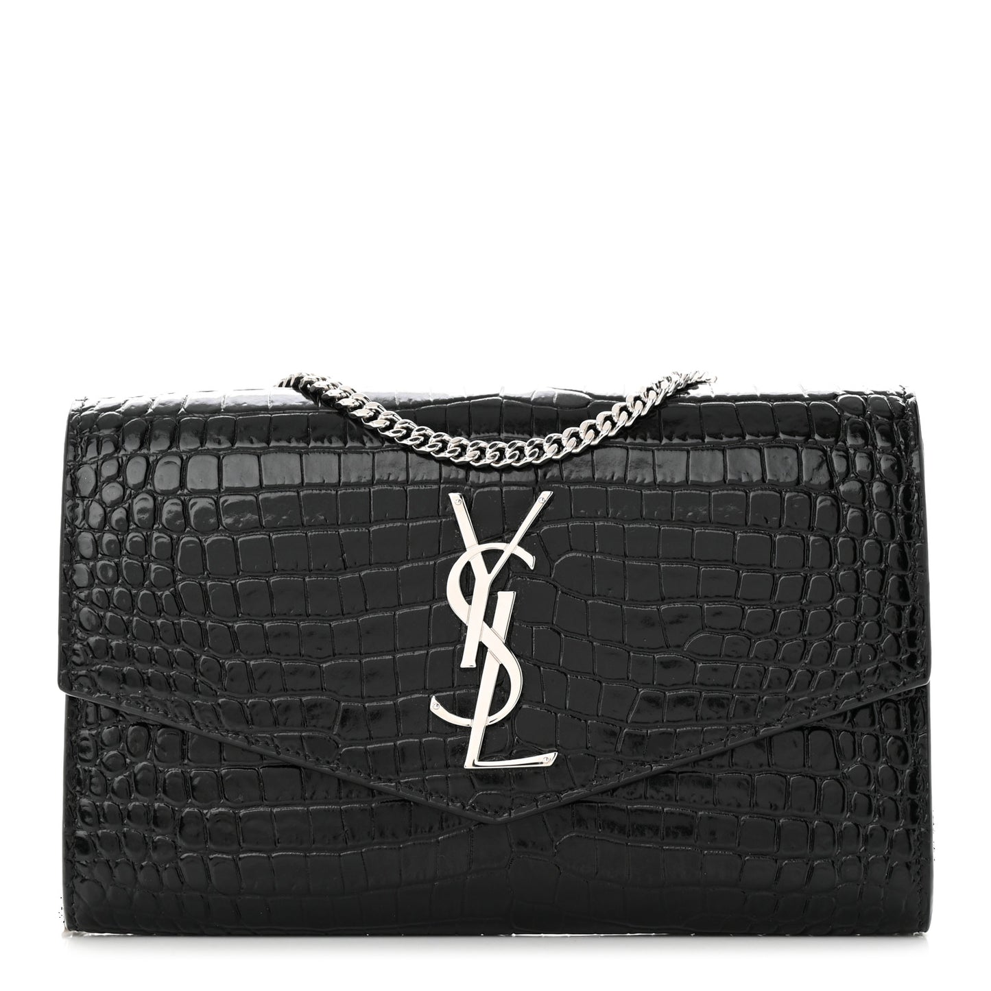 Calfskin Crocodile Embossed Monogram Uptown Chain Wallet Black