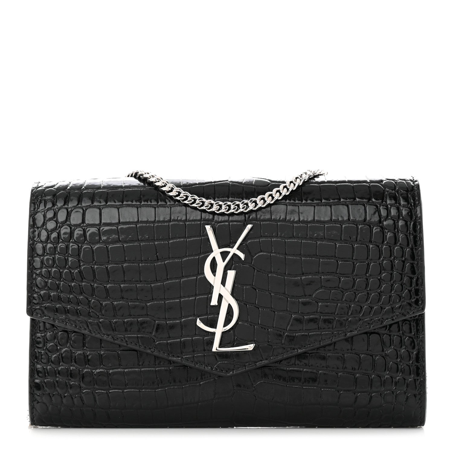 Saint Laurent Calfskin Crocodile Embossed Monogram Uptown Chain Wallet Black 1 of 12