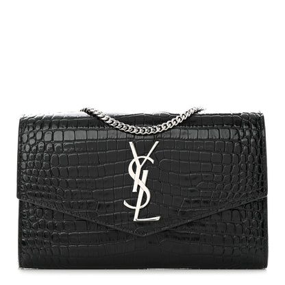Saint Laurent Calfskin Crocodile Embossed Monogram Uptown Chain Wallet Black 1 of 12