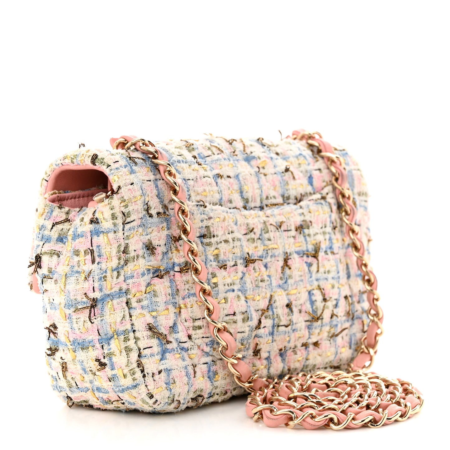 Tweed Quilted Mini Rectangular Flap Light Blue Pink Gold White