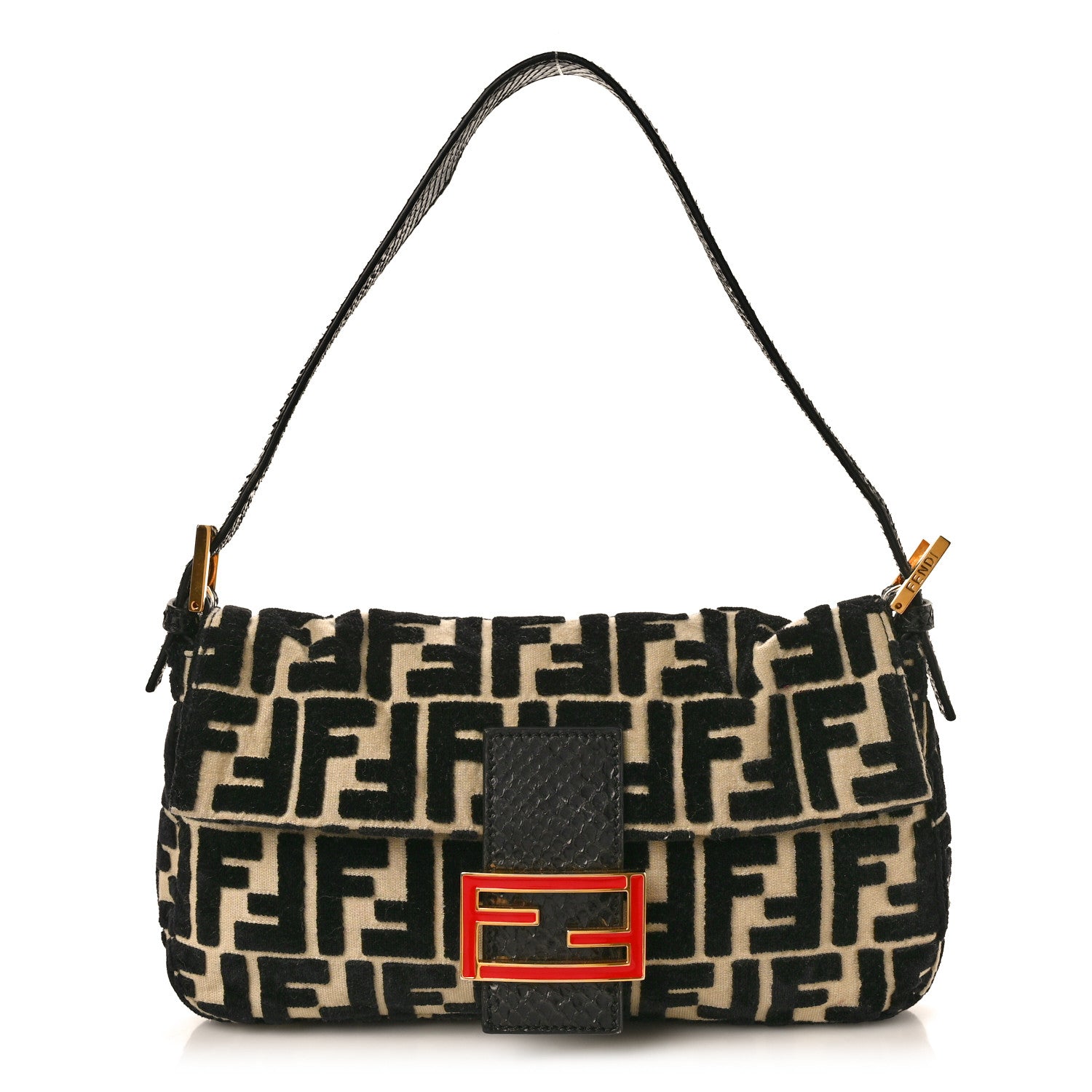 Fendi Velvet Snakeskin FF Baguette Black White 1 of 10