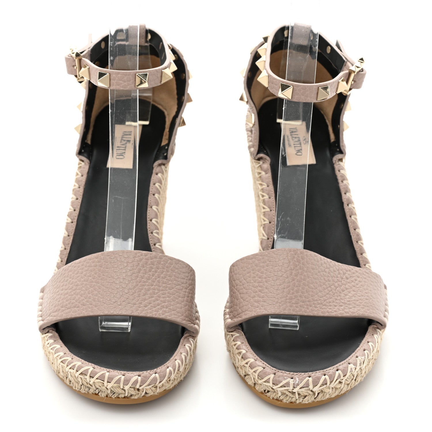 Valentino Garavani Grained Calfskin Rockstud Ankle Strap Espadrille 15/105mm Wedge Sandals 40 Poudre Natural 2 of 9