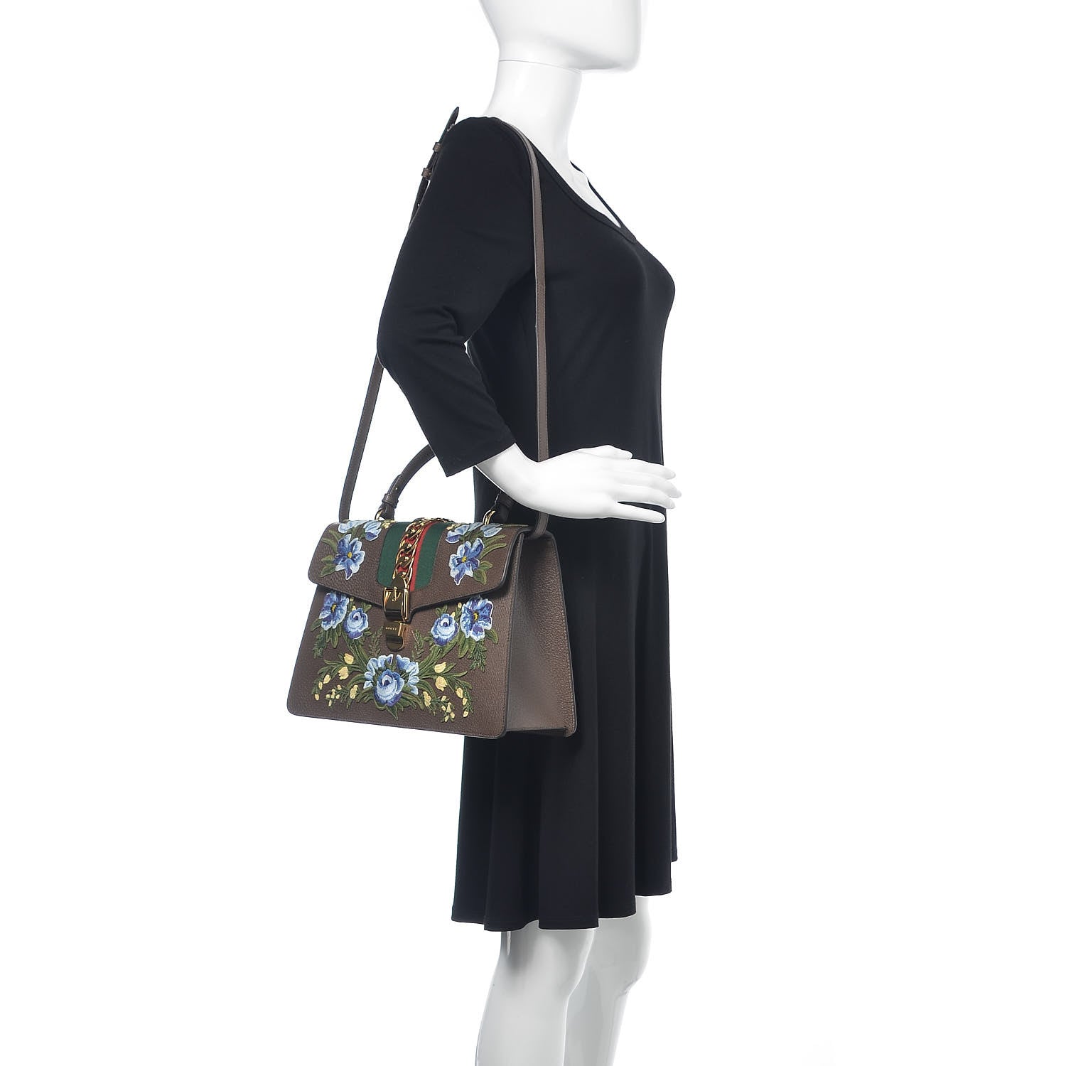 Gucci Calfskin Embroidered Medium Sylvie Top Handle Bag New Acero Multicolor 2 of 11