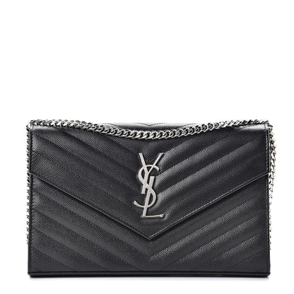 Saint Laurent Grain De Poudre Matelasse Chevron Monogram Chain Wallet Black 1 of 13