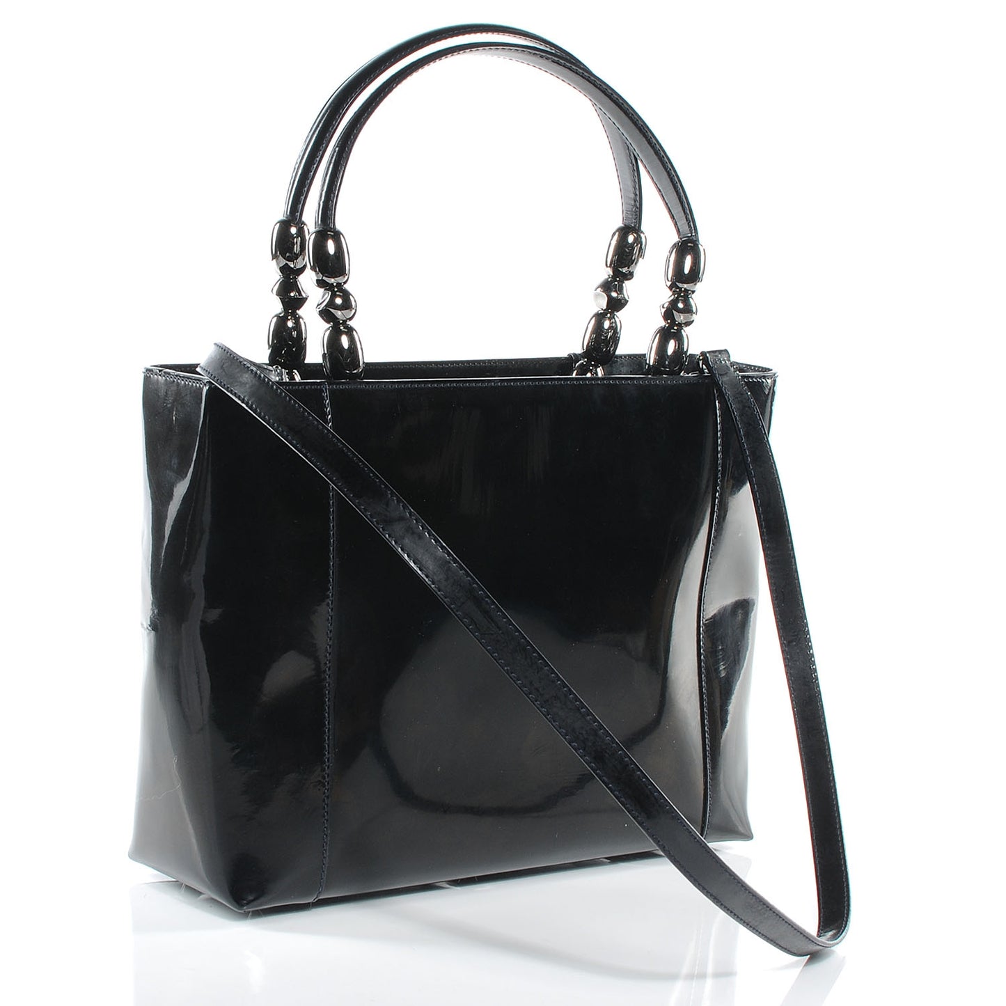 Patent Chrome Beaded Malice Tote Black