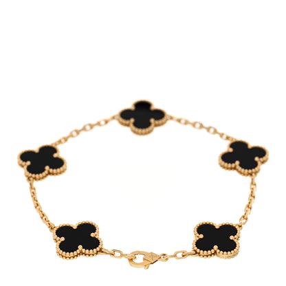 Van Cleef & Arpels 18K Yellow Gold Black Onyx 5 Motifs Vintage Alhambra Bracelet 2 of 5