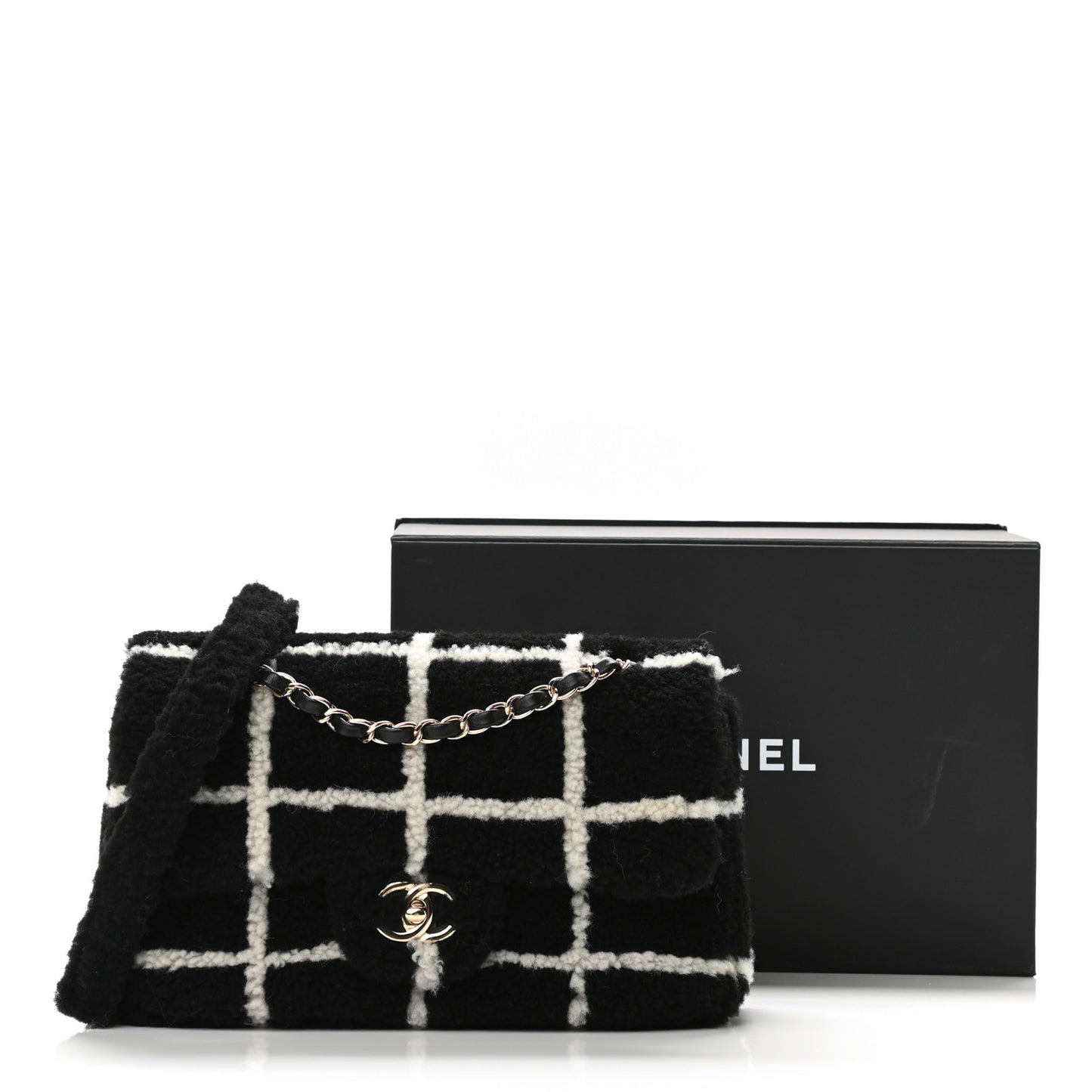 Shearling Lambskin Large Fluffy Tartan Single Flap Black White