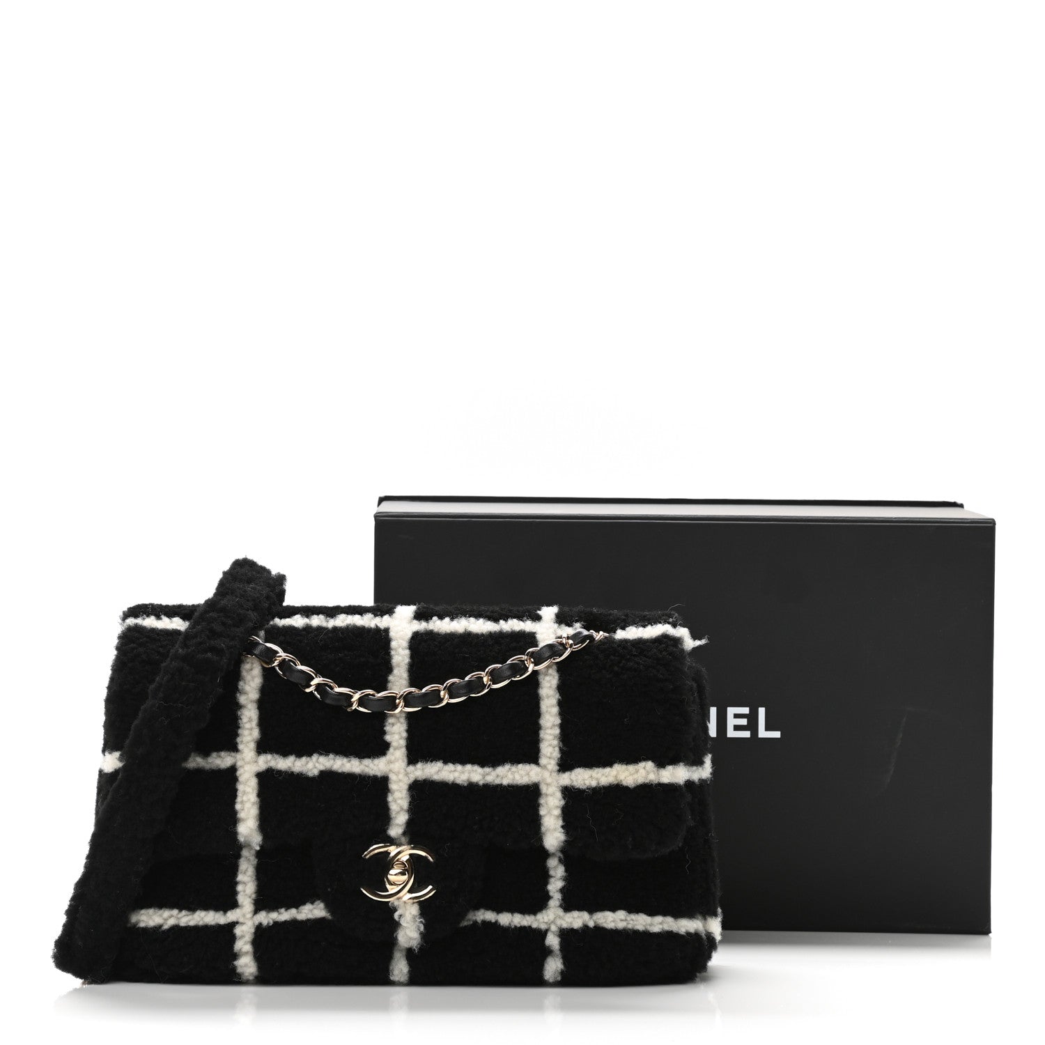 Chanel Shearling Lambskin Large Fluffy Tartan Single Flap Black White 11 of 11