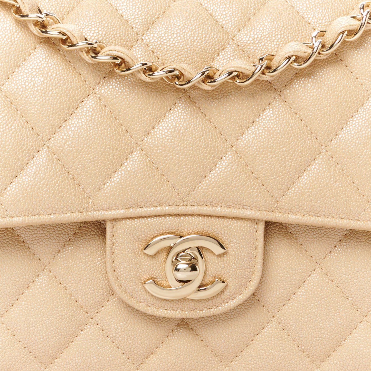 Iridescent Caviar Quilted Medium Double Flap Beige