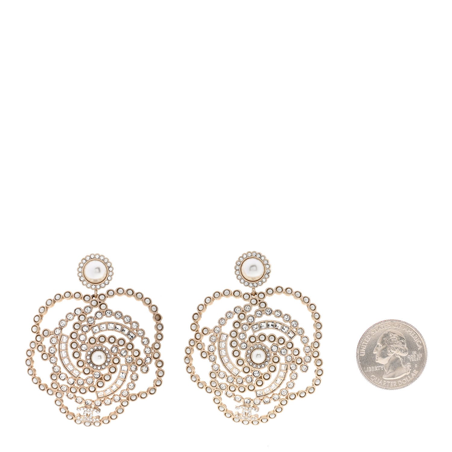 Chanel Pearl Crystal Lace Camellia Earrings Gold 2 of 5