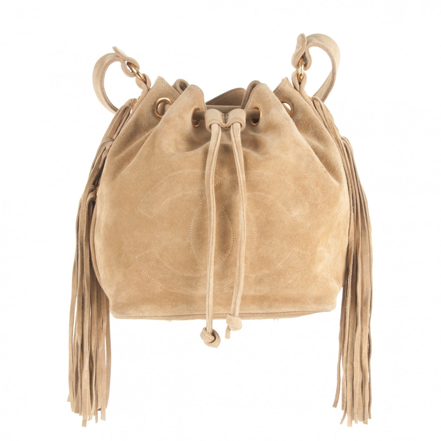 Suede CC Drawstring Shoulder Bag Beige