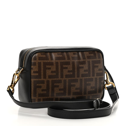 Fendi Glazed Fabric Vitello Century FF 1974 Stamp Patch Mini Camera Case Mogano Panna Black 3 of 14