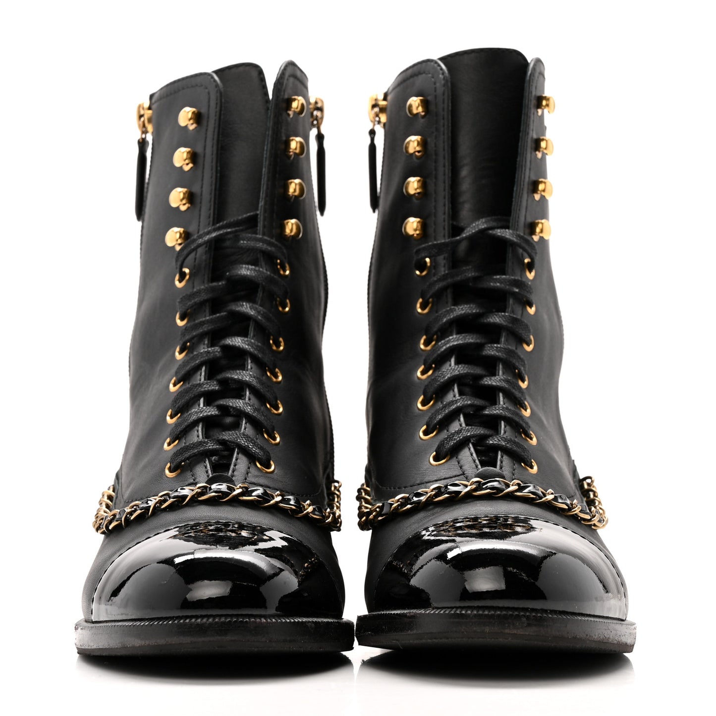 Calfskin Chain Lace Up Boots 38.5 Black