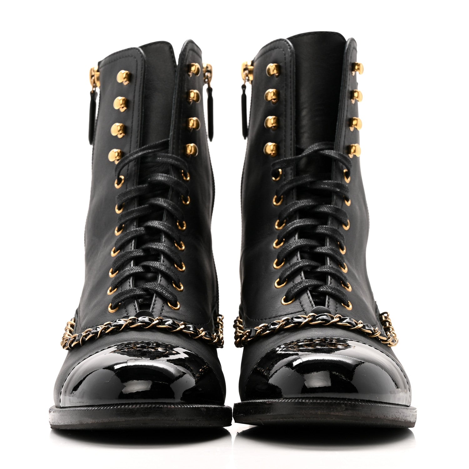 Chanel Calfskin Chain Lace Up Boots 38.5 Black 3 of 12
