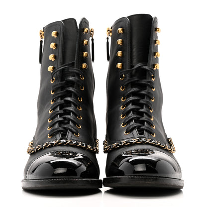 Chanel Calfskin Chain Lace Up Boots 38.5 Black 3 of 12