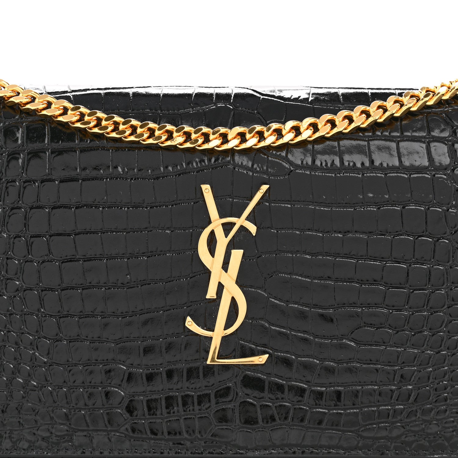 Saint Laurent Calfskin Crocodile Embossed Cassandre Wallet On Chain WOC Black 8 of 13