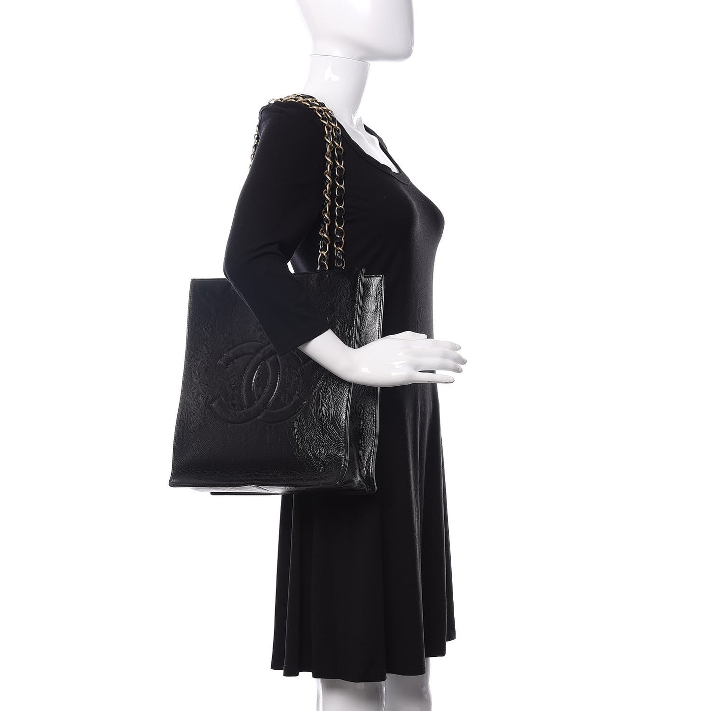 Shiny Aged Calfskin North South Shopping Bag Black