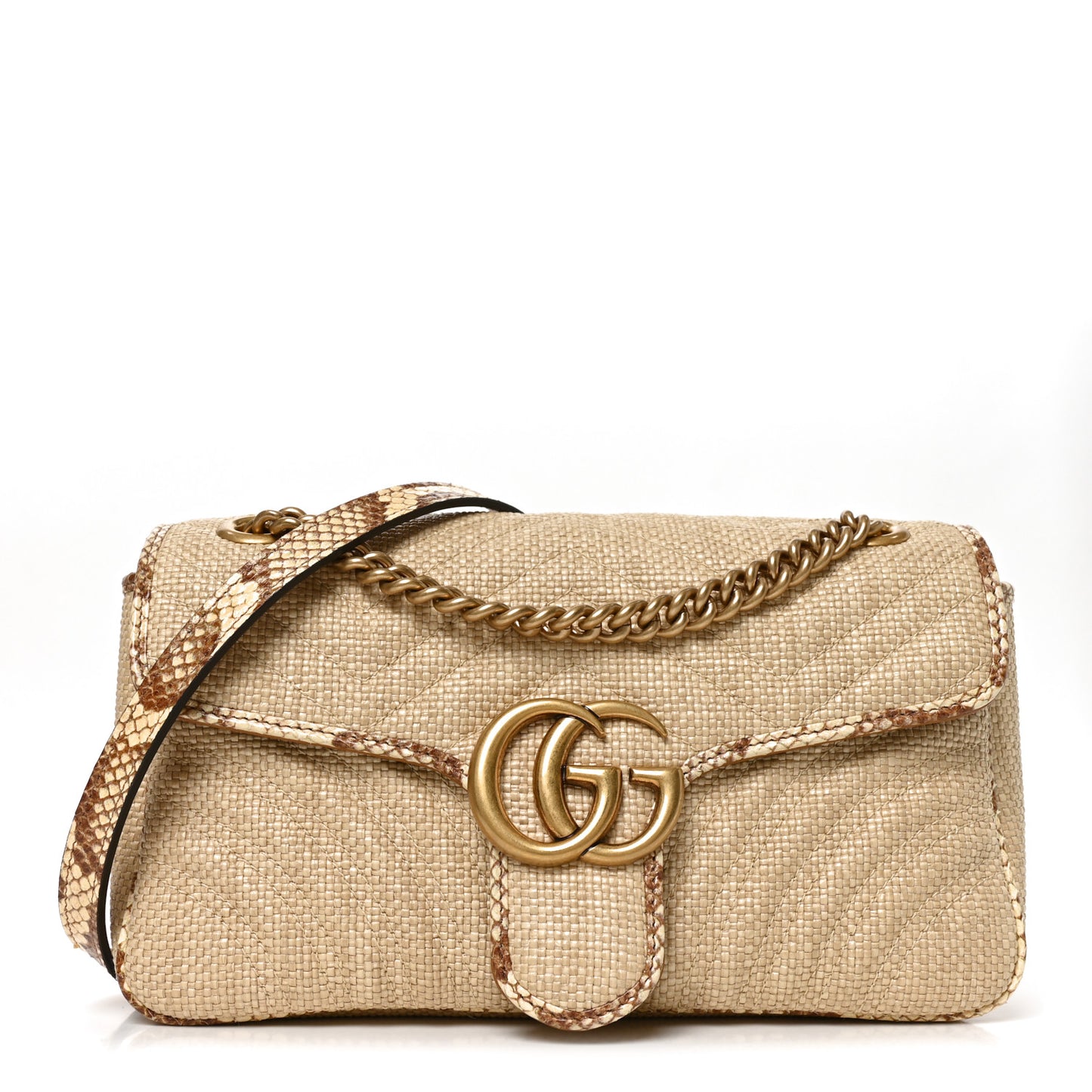 Raffia Elaphe Matelasse Small GG Marmont Shoulder Bag Natural Cream Brown