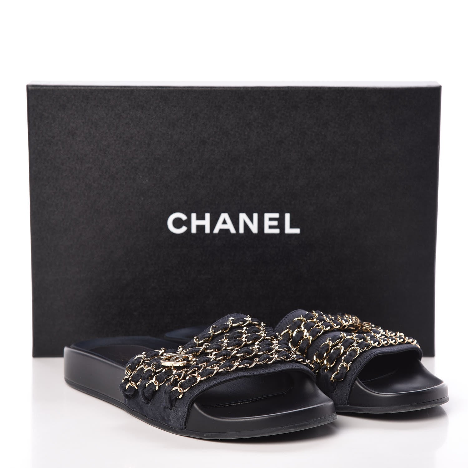 Chanel Satin Canvas Chain Flat Sandals 37 Marine 12 of 12