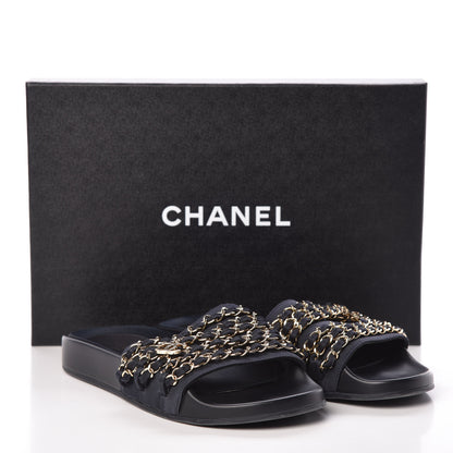 Chanel Satin Canvas Chain Flat Sandals 37 Marine 12 of 12