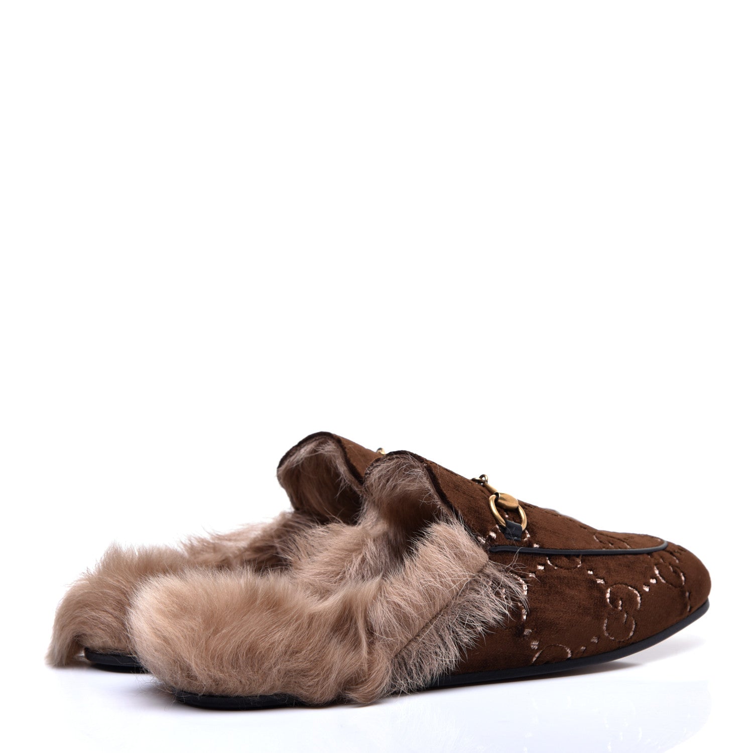 Gucci Velvet GG Monogram Fur Womens Princetown Slippers 38 Brown Black Natural 4 of 8