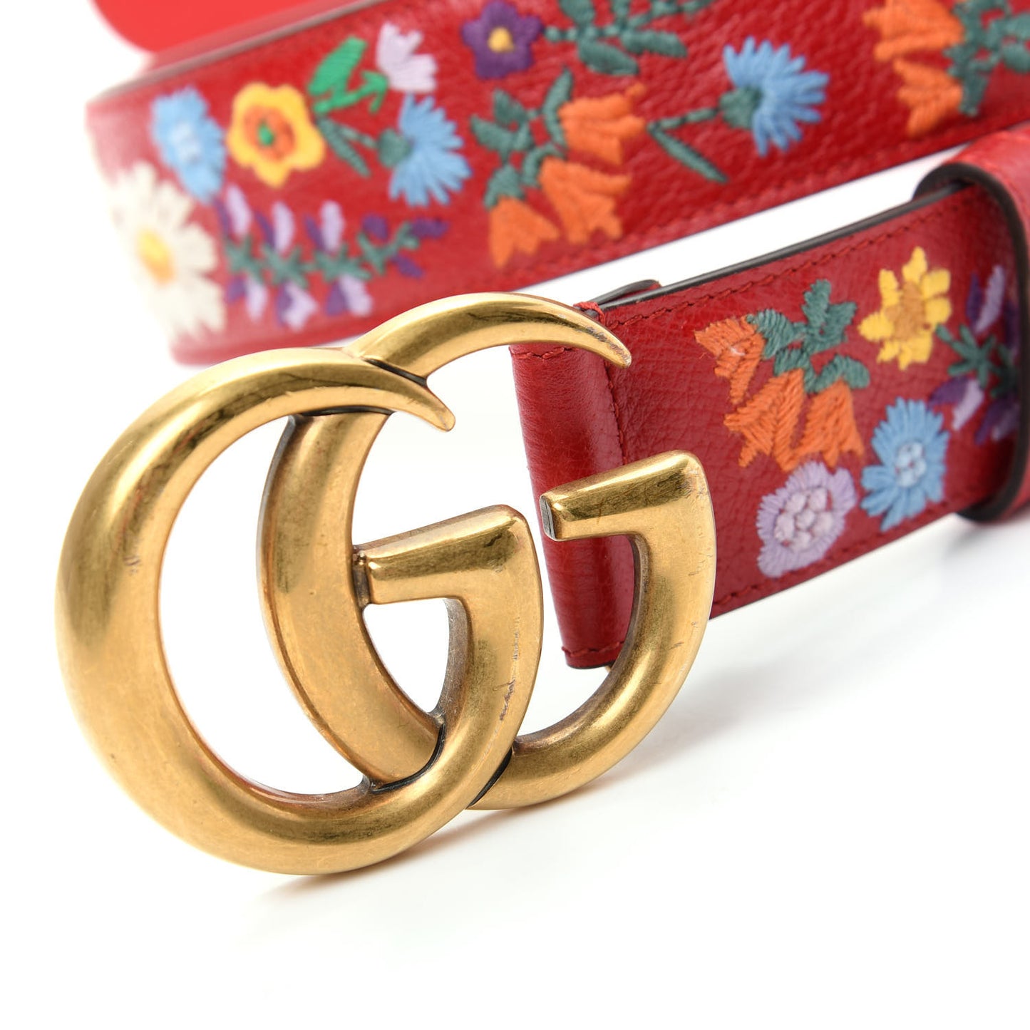 Textured Calfskin Flower Embroidered Double G 40mm Belt 90 36 Hibiscus Red