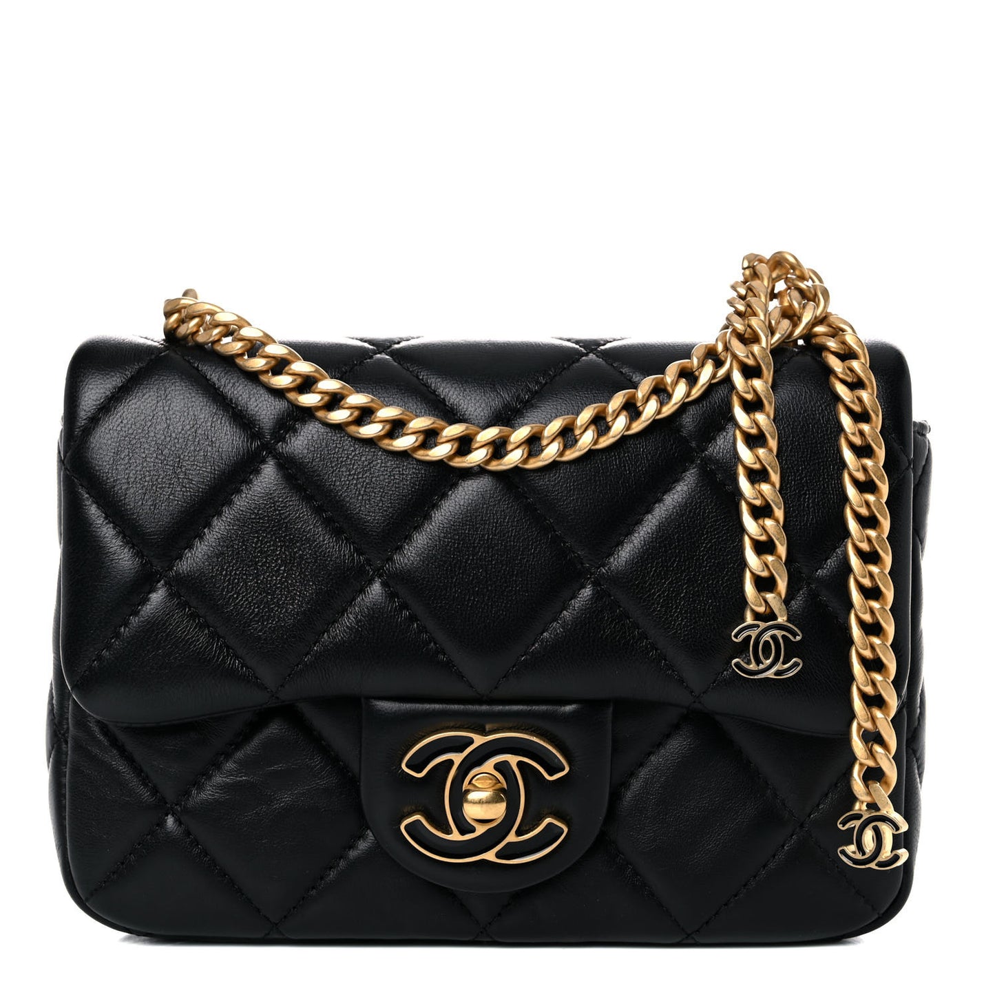 Lambskin Enamel Quilted Mini Pending CC Square Flap Black