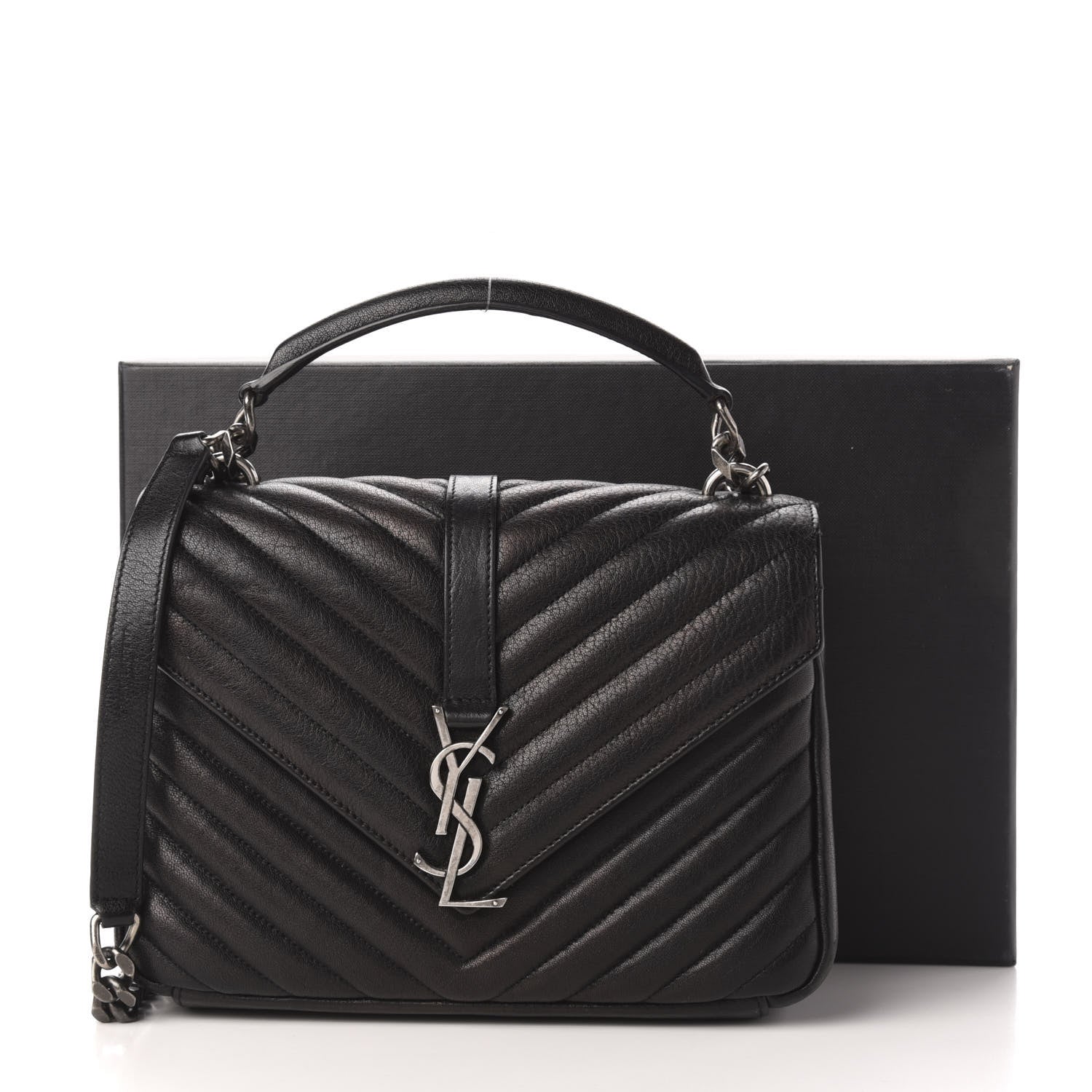 Saint Laurent Sheepskin Matelasse Chevron Monogram Medium College Bag Black 14 of 14