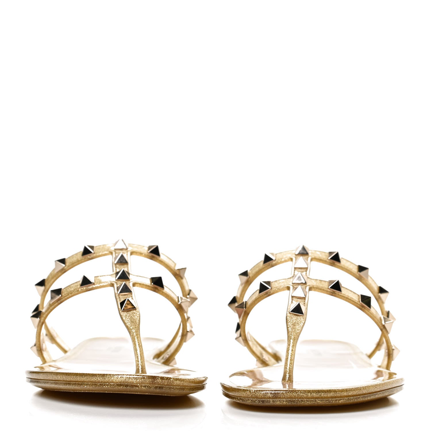 Valentino Garavani PVC Jelly Glitter Rockstud Caged Flat Thong Sandals 37 Oro 3 of 14