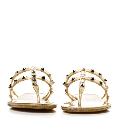 Valentino Garavani PVC Jelly Glitter Rockstud Caged Flat Thong Sandals 37 Oro 3 of 14